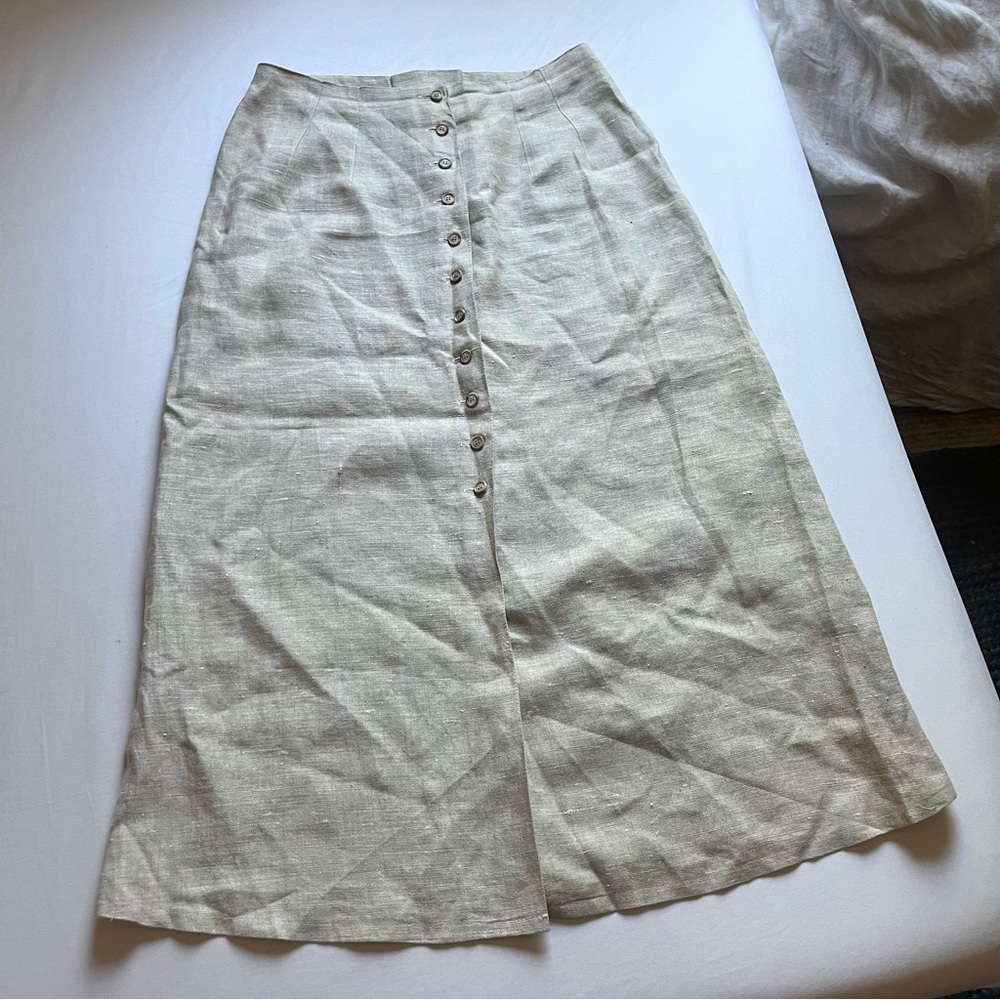 HARRIS/WALLACE tan linen button up lace up back midi maxi‎ skirt